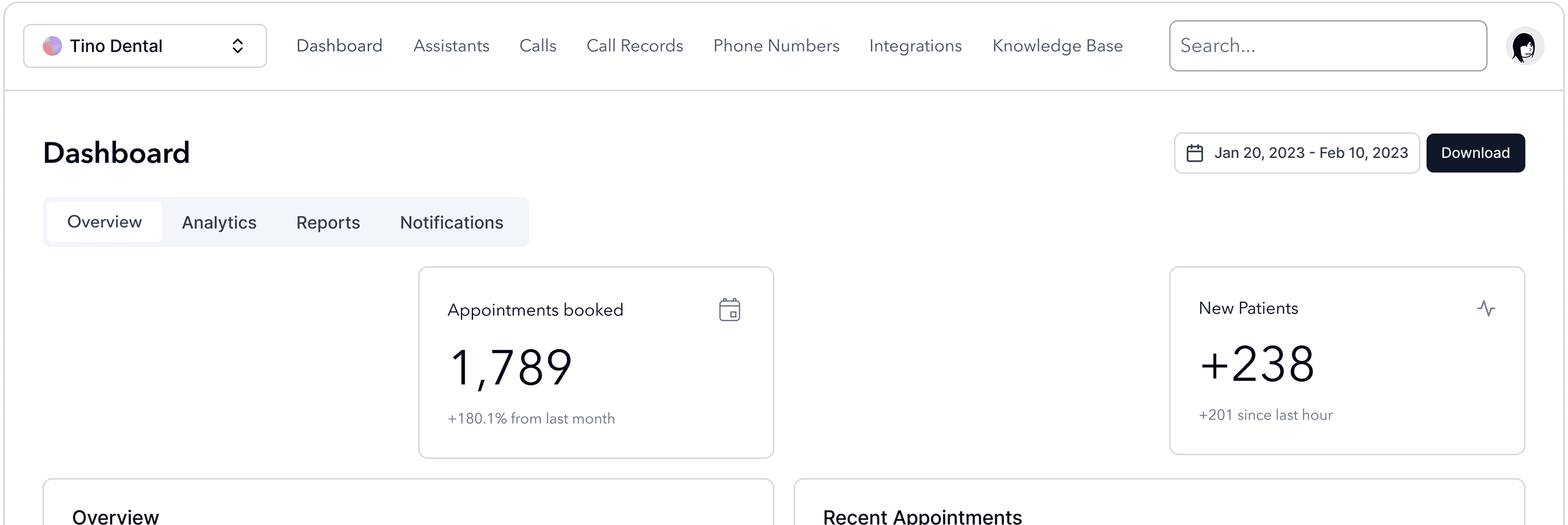 Clinivocx dashboard showing call logs with transcripts, appointments booked by the AI, and extracted action items